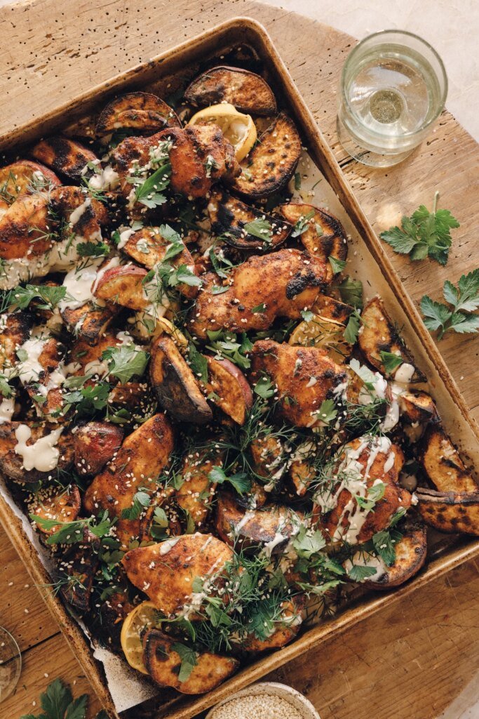 Sheet Pan Chicken with Japanese Sweet Potatoes & Tahini Drizzle