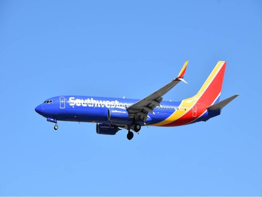 Southwest Airlines plane in the air