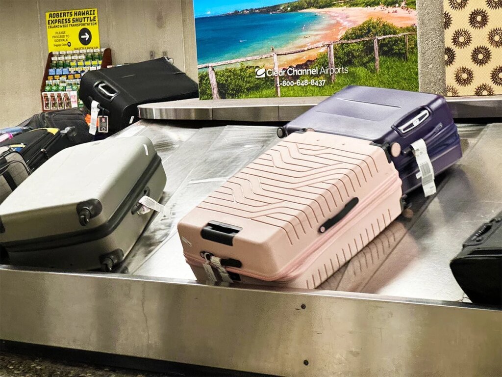 Suitcases on an airport baggage carousel.