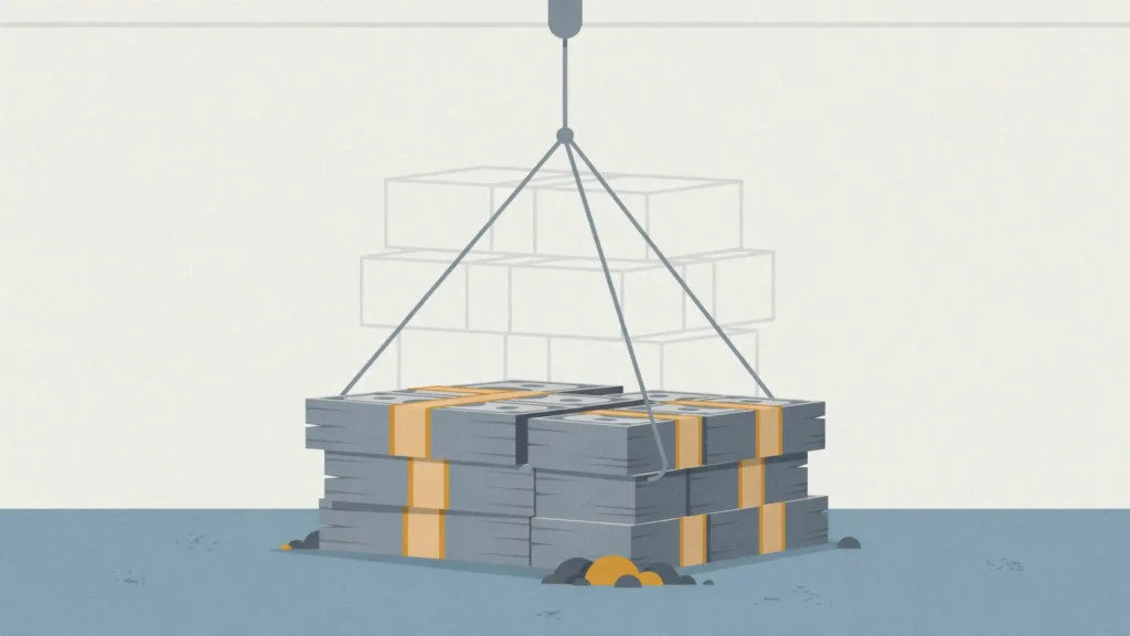 Build a Starter Emergency Fund Before Anything Else Illustration of a foundation block made of bundled cash being set in place, with three empty outlined blocks waiting to stack on top.