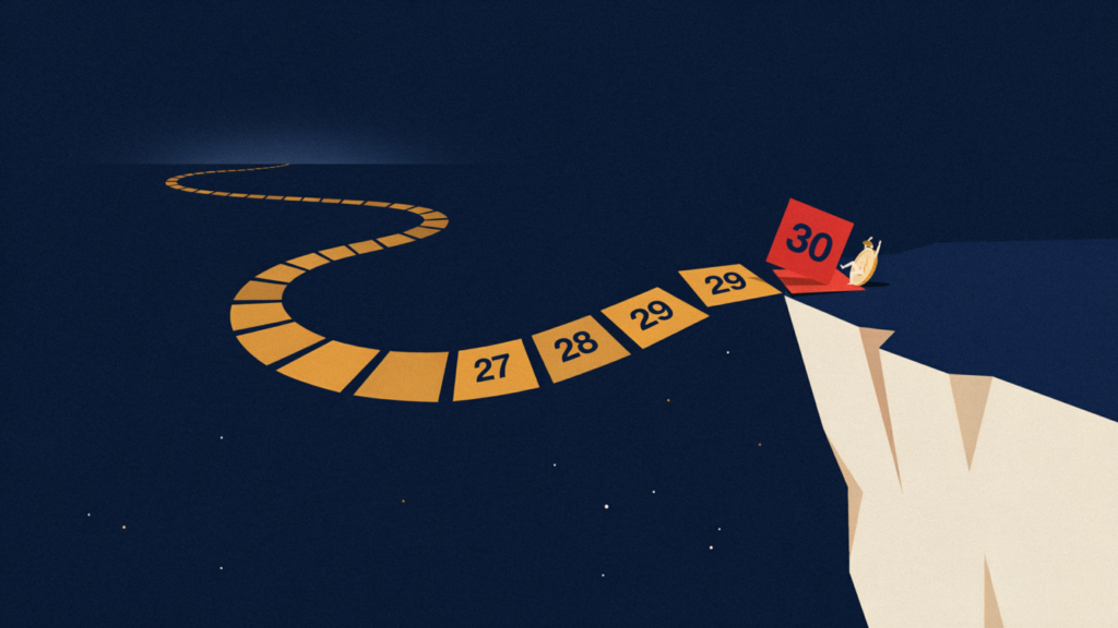 One Late Payment Can Stay on Your Credit Report for Seven Years Illustration of a path of calendar tiles leading to a cliff edge marked day 30, with a small coin figure pausing at the brink before the drop