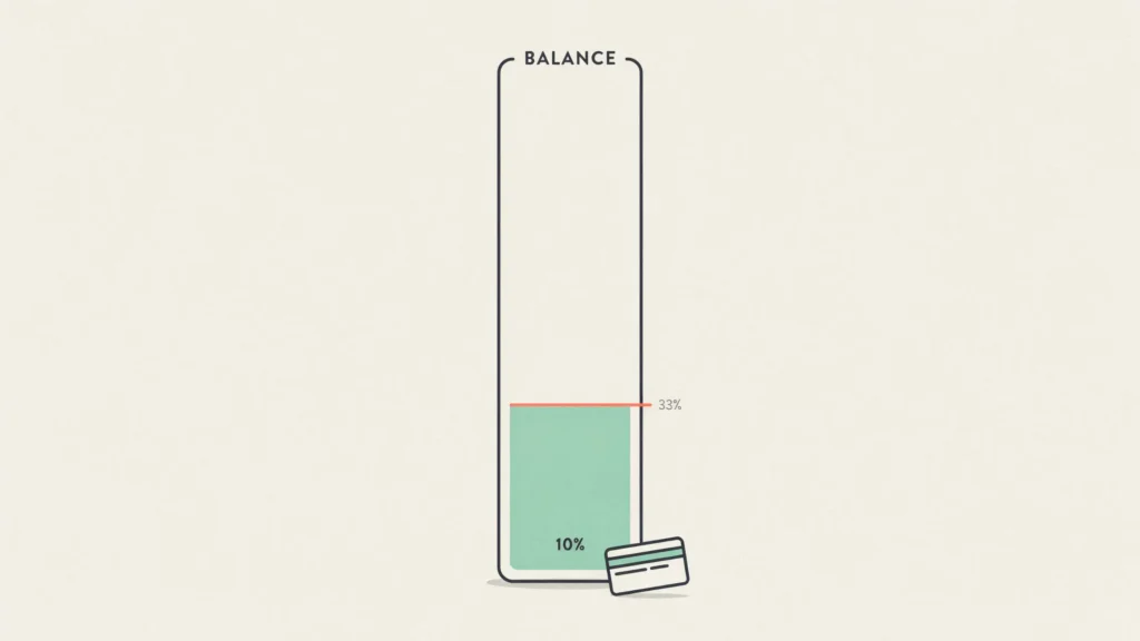 Illustration of a credit card shaped as a vertical gauge filled only one-tenth full, with a threshold line marking the 30% level, showing low credit utilization
